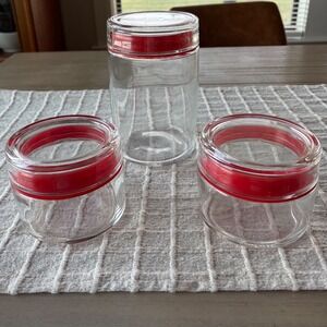 Bormioli Rocco Italy Glass Canister Set 3 Red Seal Kitchen Storage Jars Vintage